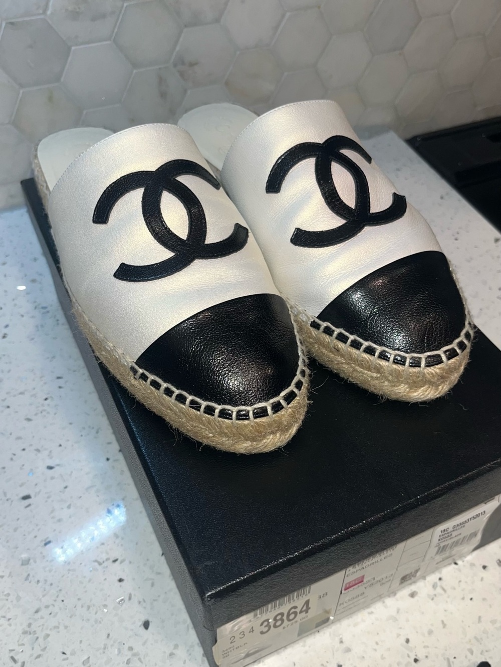 CHANEL White Leather Espadrille Mule with Black Cap Toe & Logo